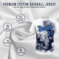 White Navy Powder Blue Skeleton Graffiti Baseball Jersey 4