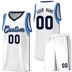 White Navy Powder Blue Sleeve Color Block Basketball Jersey 1