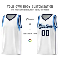 White Navy Powder Blue Sleeve Color Block Basketball Jersey 3