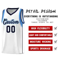 White Navy Powder Blue Sleeve Color Block Basketball Jersey 5