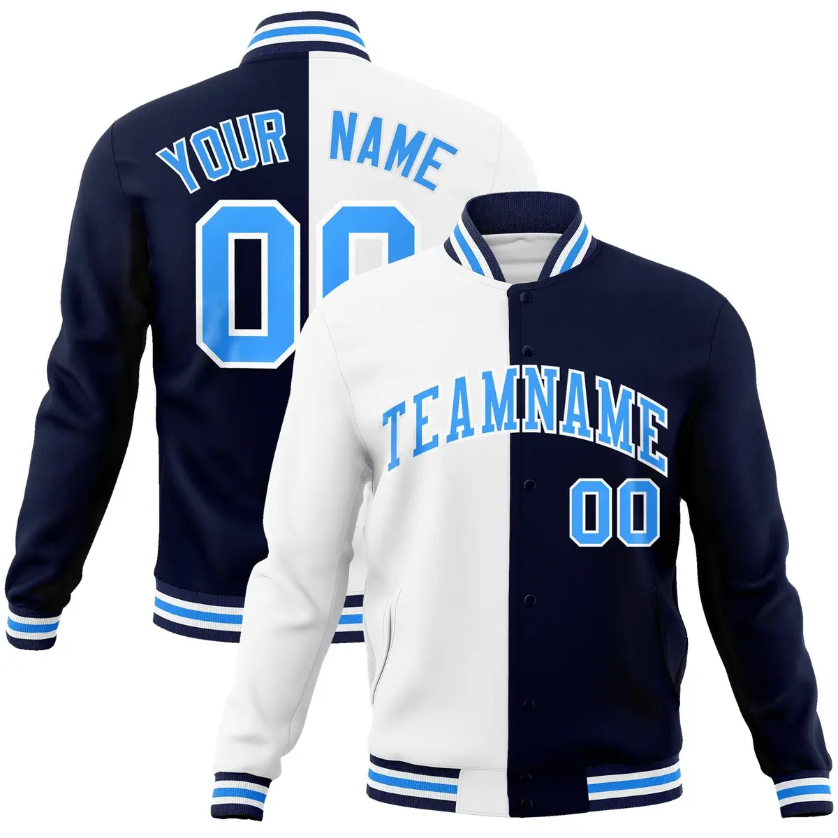 White Navy-Powder Blue Two Tone Split Varsity Letterman Jacket