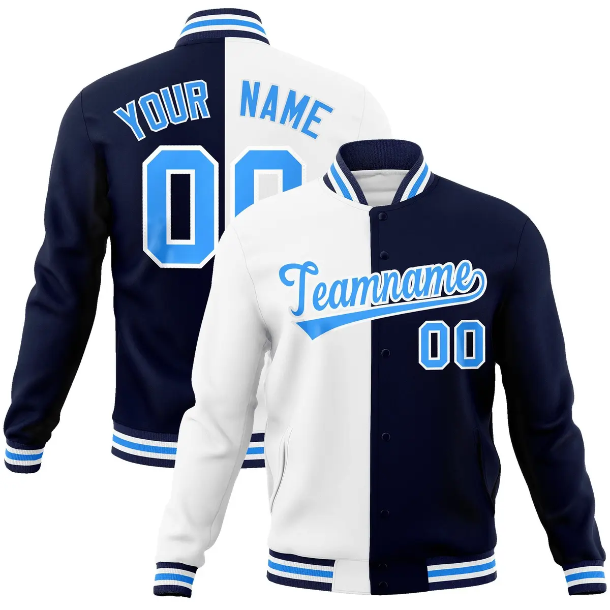 White Navy-Powder Blue Two Tone Split Varsity Letterman Jacket