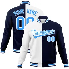 White Navy-Powder Blue Two Tone Split Varsity Letterman Jacket