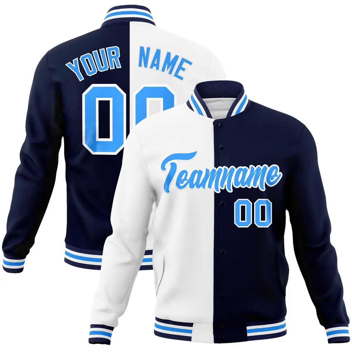 White Navy-Powder Blue Two Tone Split Varsity Letterman Jacket