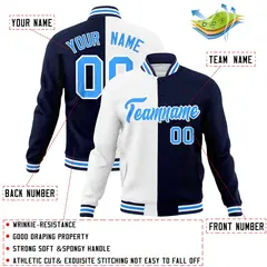 White Navy-Powder Blue Two Tone Split Varsity Letterman Jacket 4