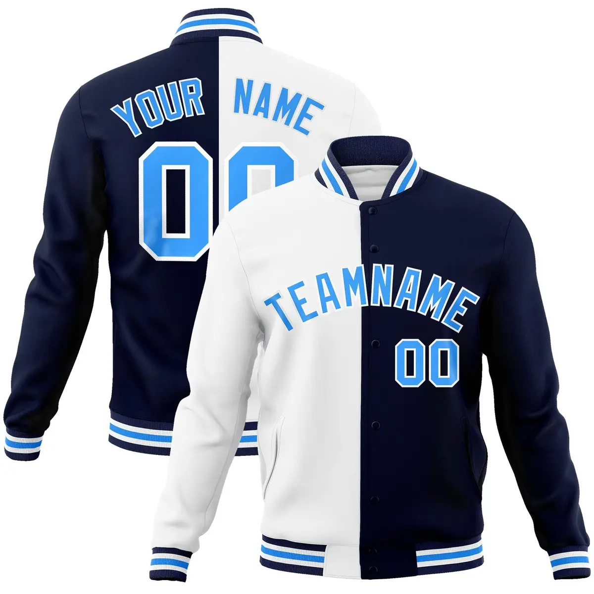 White Navy-Powder Blue Two Tone Split Varsity Letterman Jacket