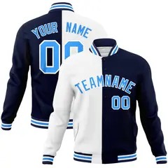 White Navy-Powder Blue Two Tone Split Varsity Letterman Jacket