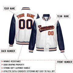 White Navy Raglan Full-Snap Varsity Faux Leather Letterman Jacket 2