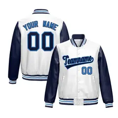 White Navy Raglan Full-Snap Varsity Faux Leather Letterman Jacket 1