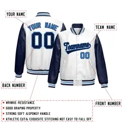 White Navy Raglan Full-Snap Varsity Faux Leather Letterman Jacket 2