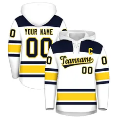 White Navy Raglan Lace-Up Neck Hockey Hoodie Jersey