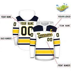 White Navy Raglan Lace-Up Neck Hockey Hoodie Jersey 2