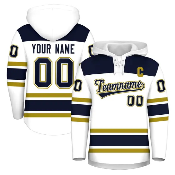 White Navy Raglan Lace-Up Neck Hockey Hoodie Jersey