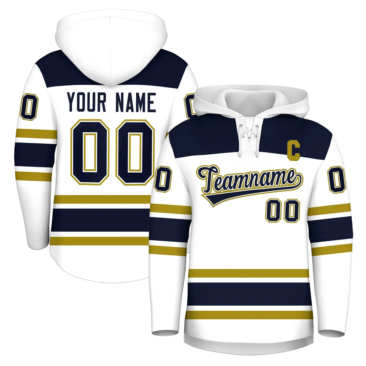 White Navy Raglan Lace-Up Neck Hockey Hoodie Jersey