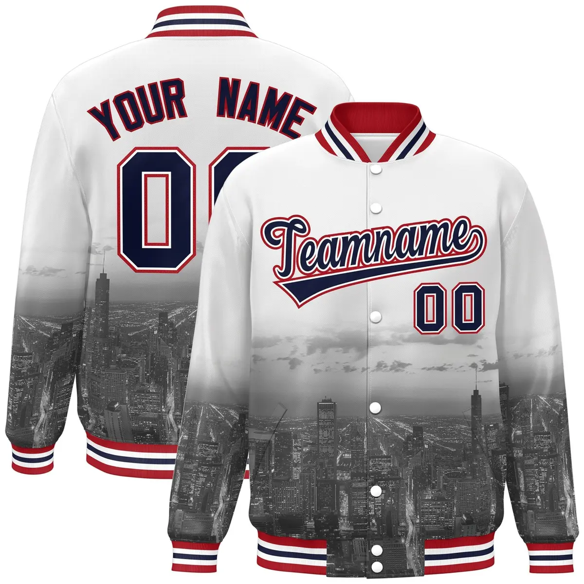 White Navy-Red Chicago City Skyline Varsity Full-Snap Track Jacket