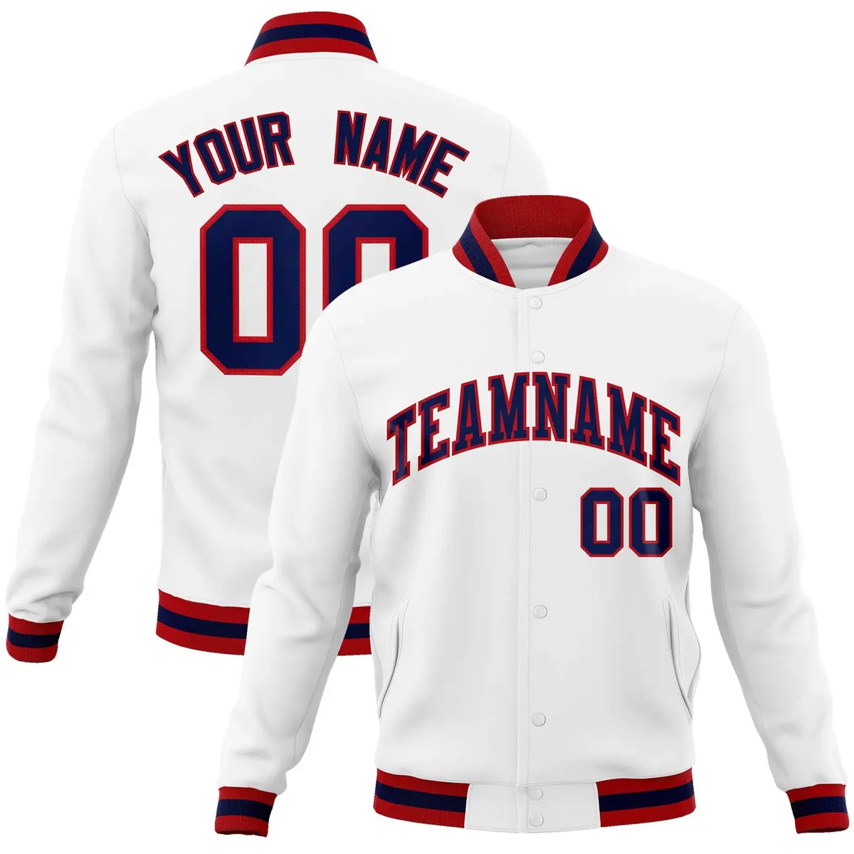 White Navy-Red Classic Varsity Full-Snap Letterman Jacket