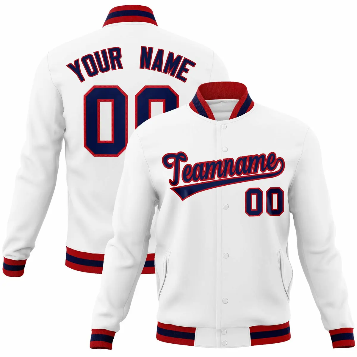 White Navy-Red Classic Varsity Full-Snap Letterman Jacket