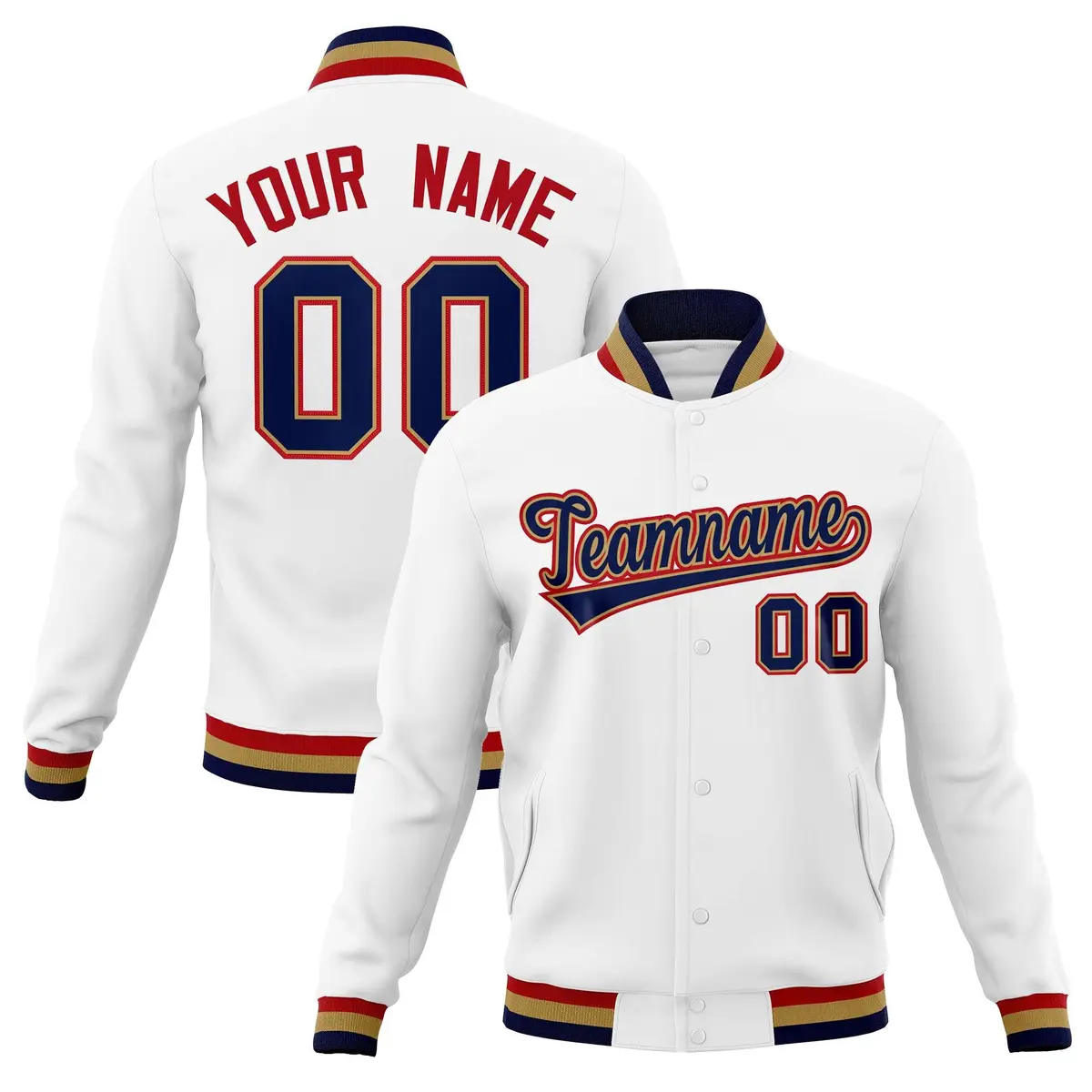 White Navy-Red Classic Varsity Full-Snap Letterman Jacket
