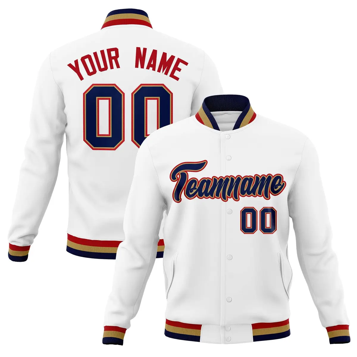 White Navy-Red Classic Varsity Full-Snap Letterman Jacket