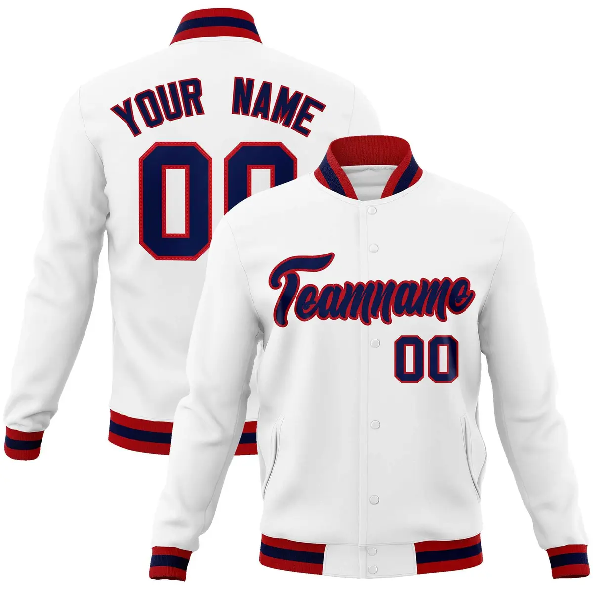 White Navy-Red Classic Varsity Full-Snap Letterman Jacket