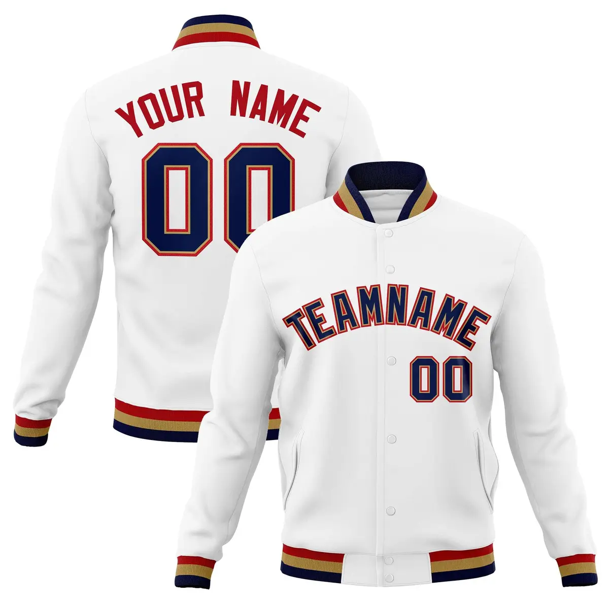 White Navy-Red Classic Varsity Full-Snap Letterman Jacket