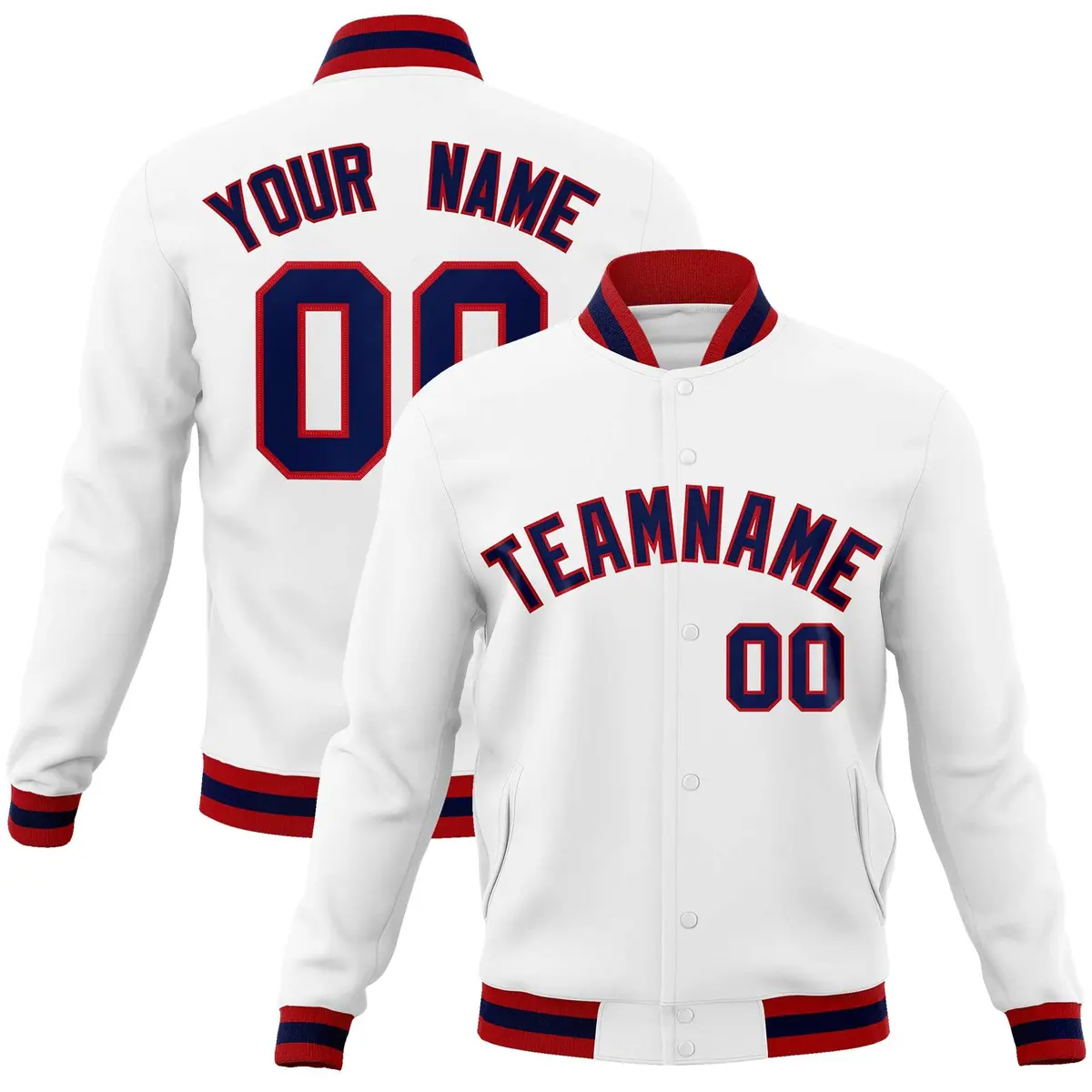 White Navy-Red Classic Varsity Full-Snap Letterman Jacket