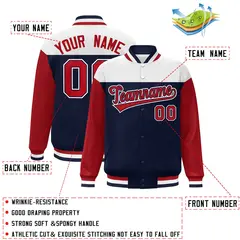 White Navy-Red Color Block Letterman Varsity Baseball Jacket 2