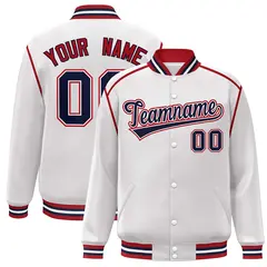 White Navy-Red Color Block Ribbon Varsity Full-Snap Bomber Jacket