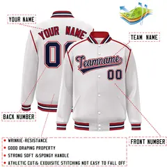 White Navy-Red Color Block Ribbon Varsity Full-Snap Bomber Jacket 2
