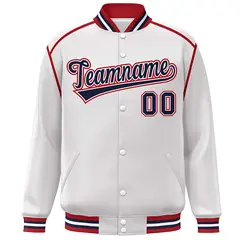 White Navy-Red Color Block Ribbon Varsity Full-Snap Bomber Jacket 3