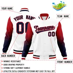 White Navy Red Gradient Raglan Varsity Letterman Jacket 2