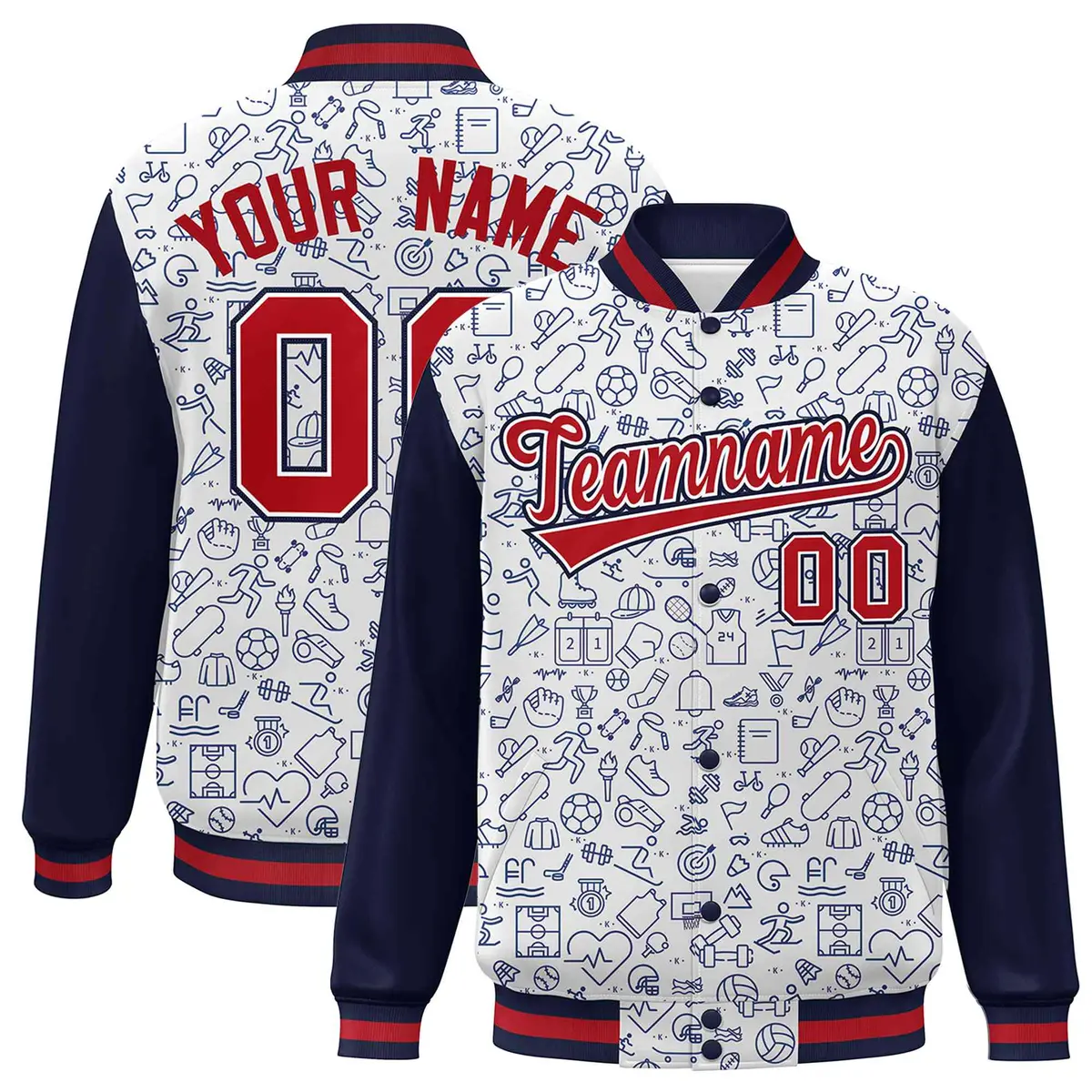 White Navy-Red Line Graffiti Raglan Varsity Letterman Jacket