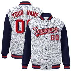White Navy-Red Line Graffiti Raglan Varsity Letterman Jacket