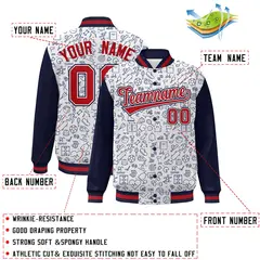 White Navy-Red Line Graffiti Raglan Varsity Letterman Jacket 2