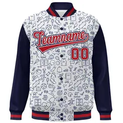 White Navy-Red Line Graffiti Raglan Varsity Letterman Jacket 3