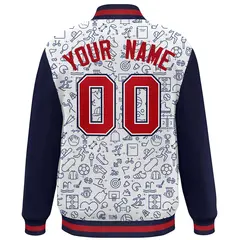 White Navy-Red Line Graffiti Raglan Varsity Letterman Jacket 4