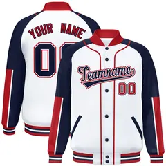 White Navy-Red Raglan Varsity Full-Snap Letterman Baseball Jacket 1