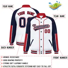 White Navy-Red Raglan Varsity Full-Snap Letterman Baseball Jacket 2