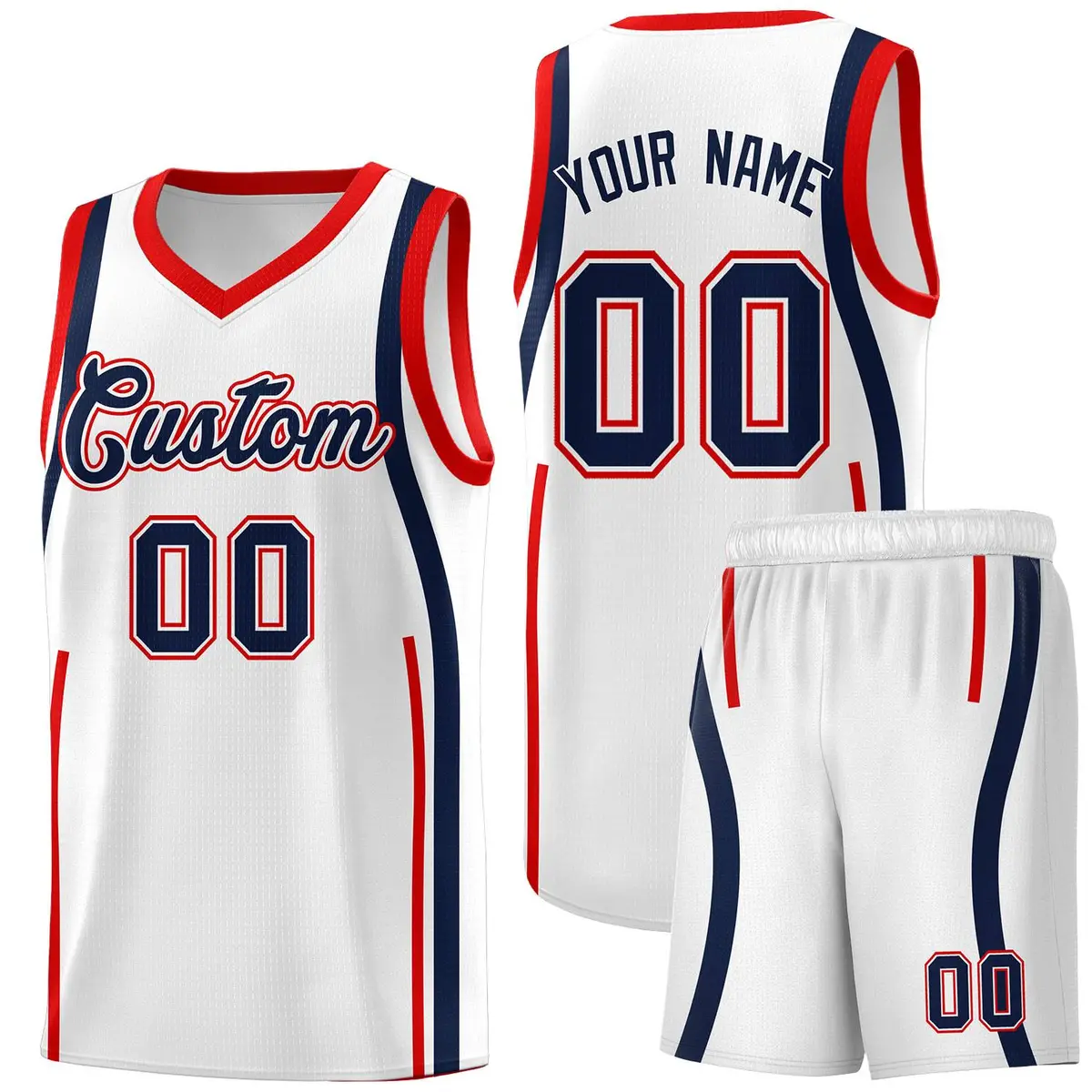 White Navy-Red Ribbon Pattern Basketball Kits