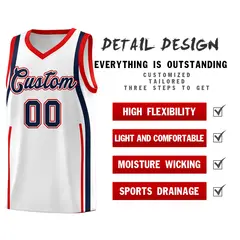 White Navy-Red Ribbon Pattern Basketball Kits 2
