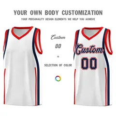 White Navy-Red Ribbon Pattern Basketball Kits 3