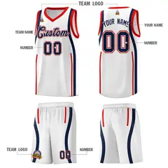 White Navy-Red Ribbon Pattern Basketball Kits 5