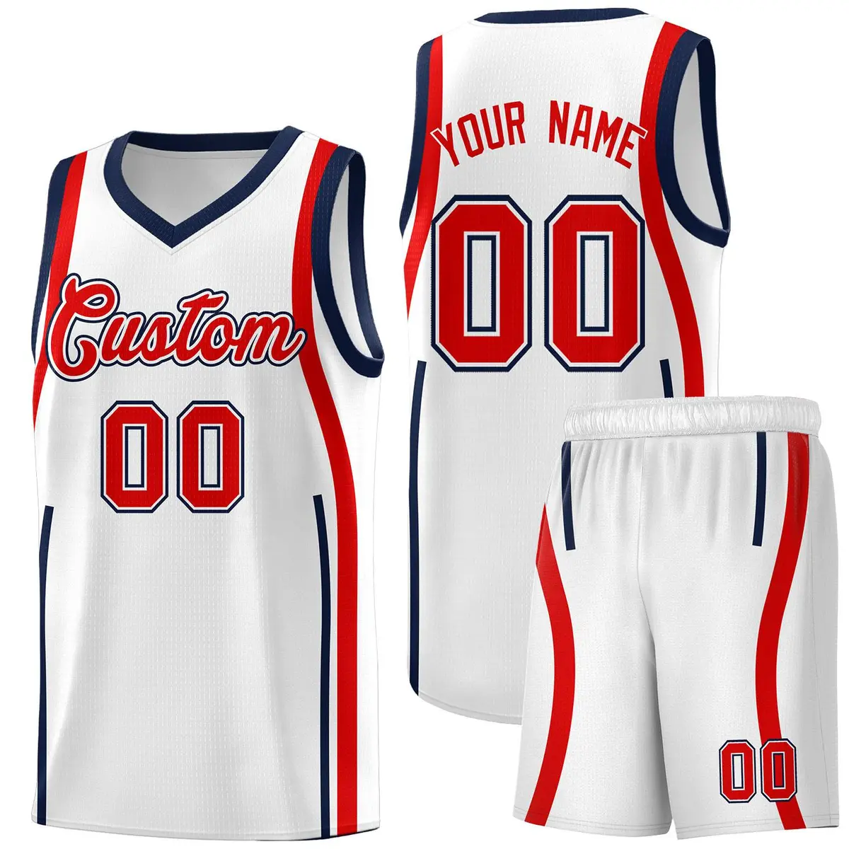 White Navy-Red Ribbon Pattern Basketball Kits