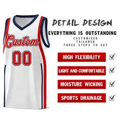 White Navy-Red Ribbon Pattern Basketball Kits 2