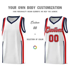 White Navy-Red Ribbon Pattern Basketball Kits 3