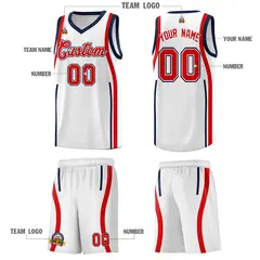 White Navy-Red Ribbon Pattern Basketball Kits 5