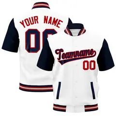 White Navy Red Silver Full-Snap Short Sleeve Varsity Jacket 1