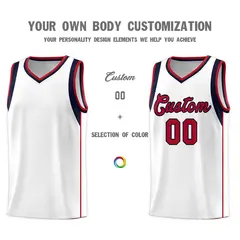 White Navy-Red Sleeve Color Block Classic Basketball Jersey 3