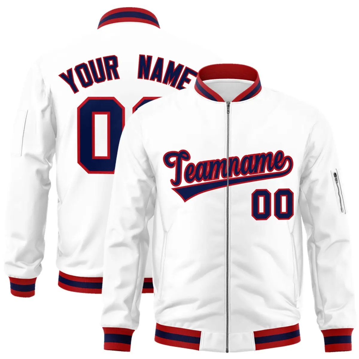 White Navy-Red Varsity Full-Zip Letterman Bomber Jacket