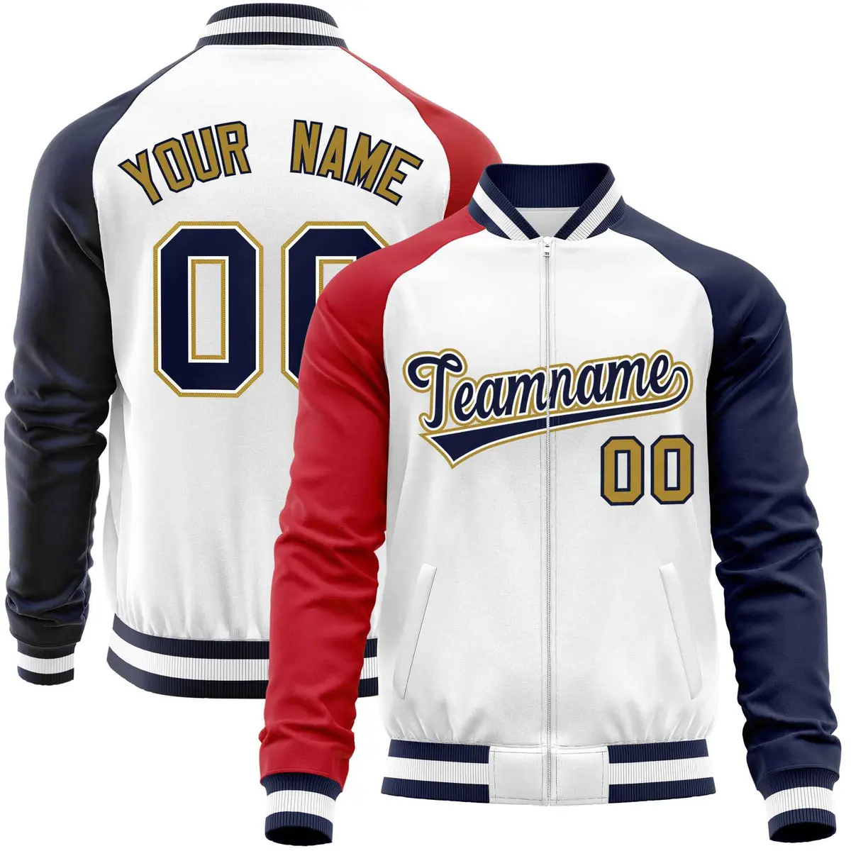 White Navy-Red Varsity Full-Zip Raglan Sleeves Letterman Baseball Jacket